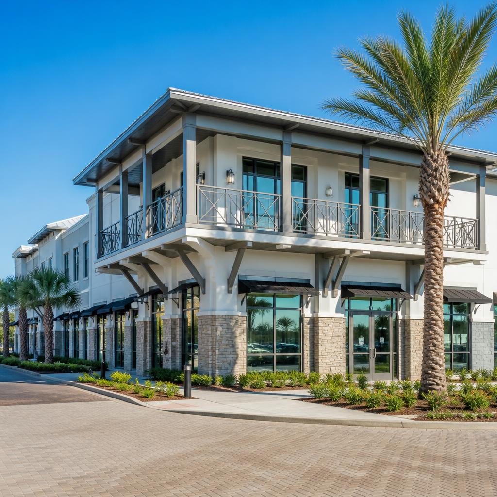 Modern two-story commercial building with palm trees on the Emerald Coast
