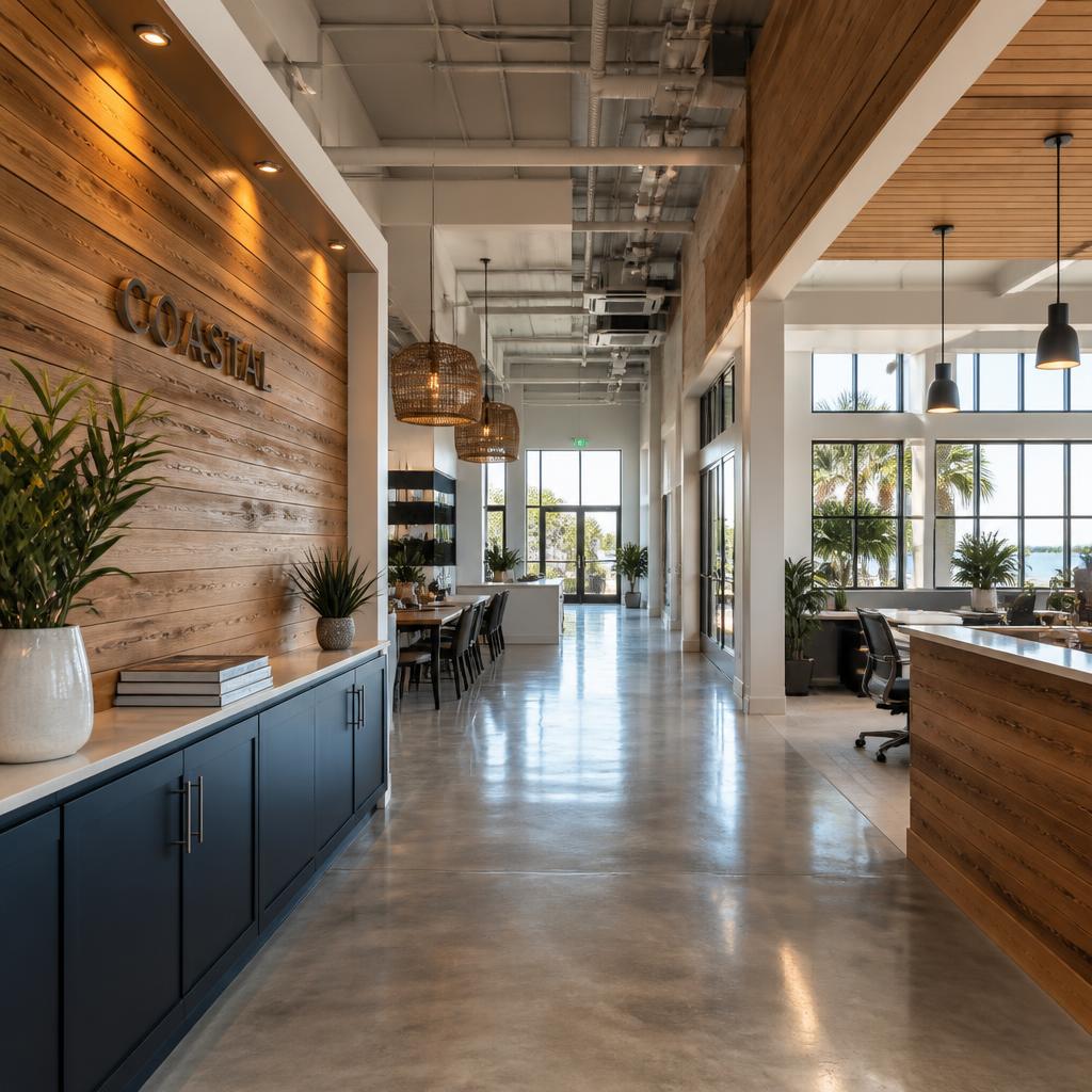 Modern renovated commercial office interior with wood accents and natural light