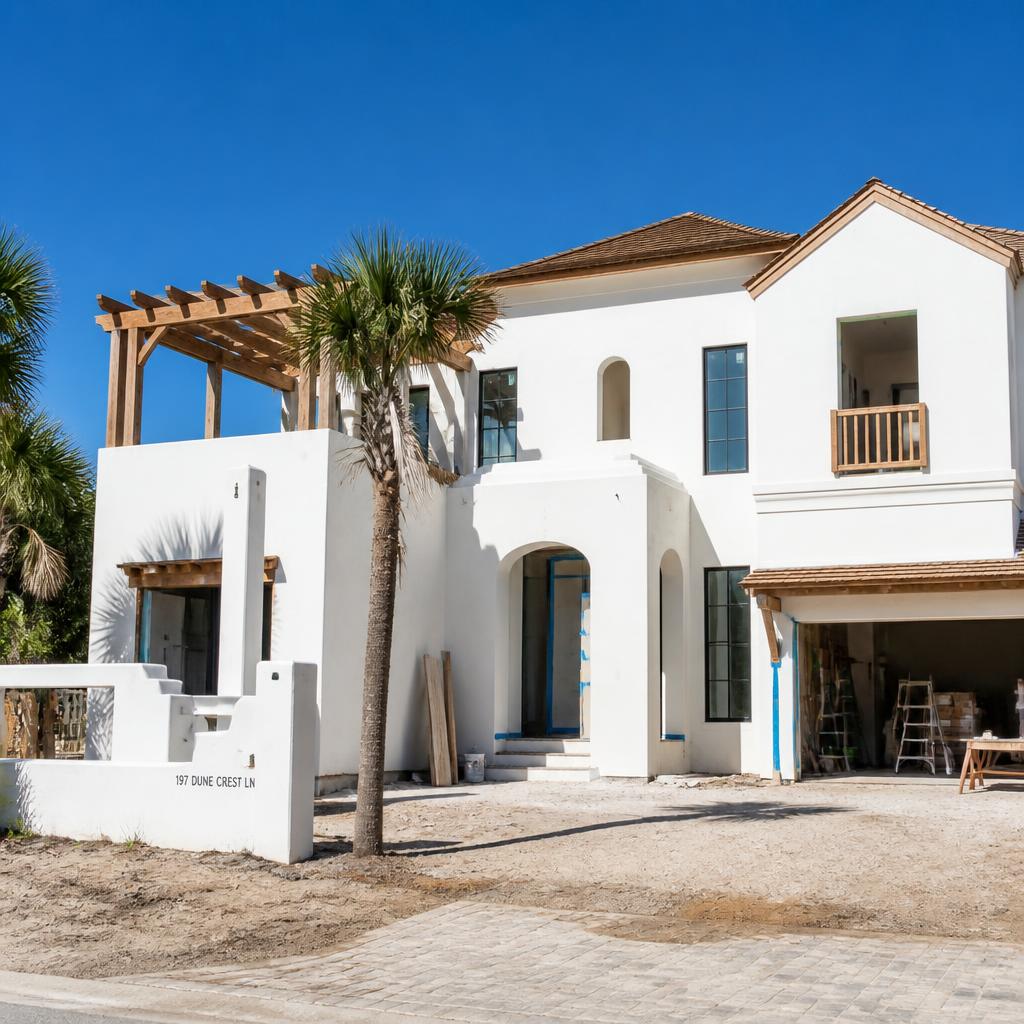 White stucco custom coastal home under construction on 30A Florida