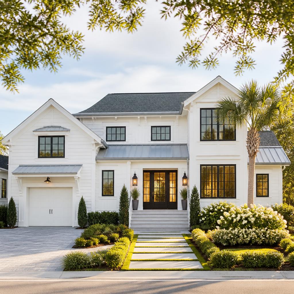 Renovated white coastal home with black windows and manicured landscaping