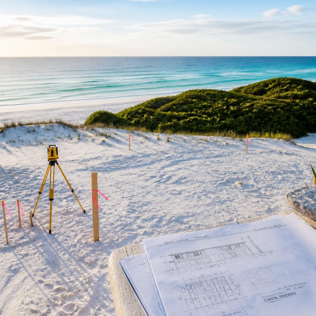 Coastal homesite survey with blueprints overlooking the Gulf of Mexico